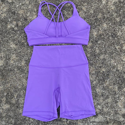Solid Color Women's Naked Tight Yoga Shorts suit Hollow-out Cross-back Sports Underwear gym yoga set