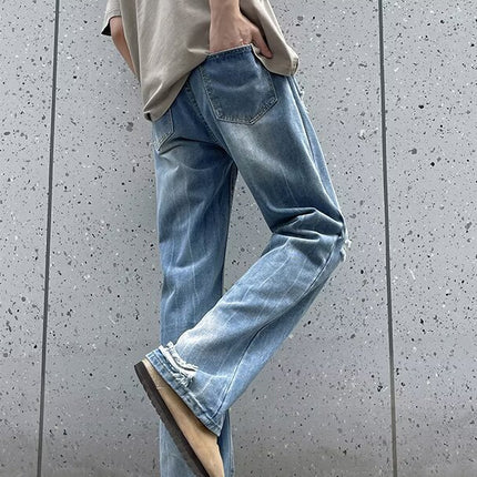 Raw Edge Ripped Lightning Pattern Bootcut Jeans Men's Straight Loose Wide Leg Teenagers Washed Distressed Floor Mopping Pants