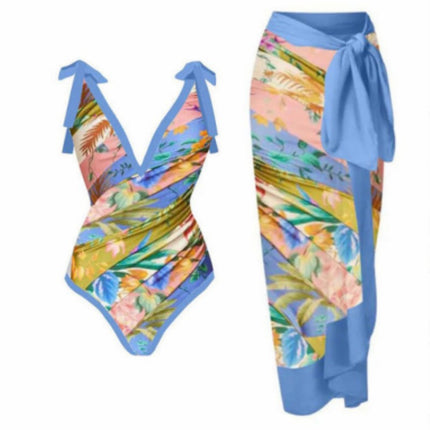 2024 New European and American Sexy Conjoined Conservative Belly-Covering Hot Spring Swimsuit Women's Chiffon Beach Dress Bikini suit