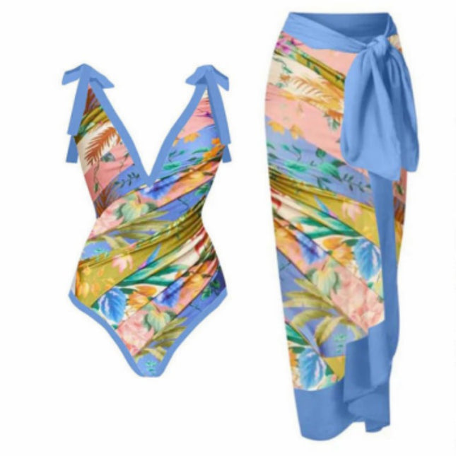 2024 New European and American Sexy Conjoined Conservative Belly-Covering Hot Spring Swimsuit Women's Chiffon Beach Dress Bikini suit