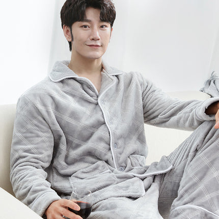 Men's Pajamas, Winter Thickened and Fleece-Lined, Men's Home Wear Set, Coral Fleece, Warm, Autumn and Winter, One-Piece Wholesale