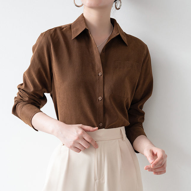 Soft Velvet Commuter Layering Brushed Shirt for Women, Spring and Autumn Vibe Dopamine Caramel Color Shirt Top