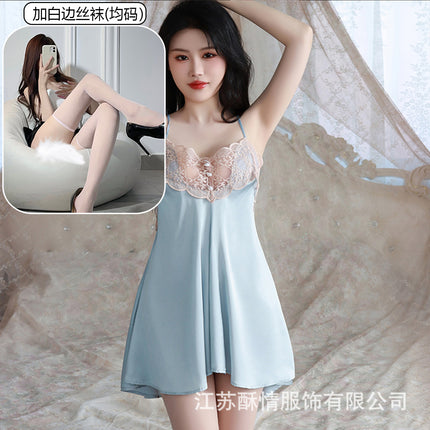 Suqing New Spring and Summer Comfortable Pajamas Backless Sweet Embroidered Lace Sling Nightgown Women's Cardigan Home Clothes suit