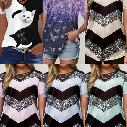 European and American 2025 Amazon TEMU Spring and Summer Explosions Color Crossover V-neck Striped Elegant Casual Short-sleeved T-shirt for Women