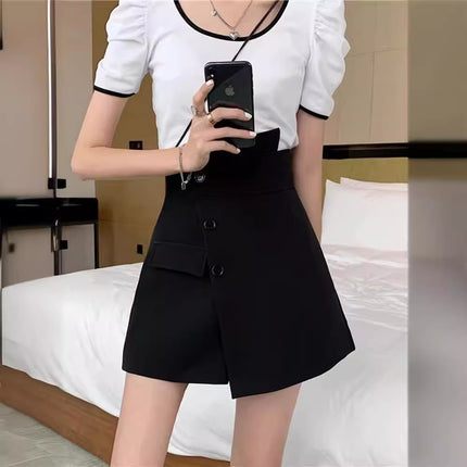 Irregular design suit culottes European and American high waist shorts women's A- line hip slimming temperament row button front skirt back pants