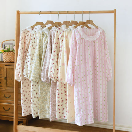 Women's Cotton Crepe Long Sleeve Lace Crewneck Nightdress Spring and Autumn Princess Style Seersucker Pajamas Outer Wear Home Dress
