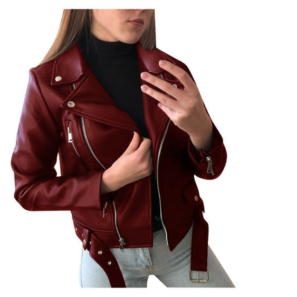 Cross-border 2023 New European and American Motorcycle Leather Jacket Autumn and Winter Women's Leather Clothing Women's Short Slim-fit Leather Fashion Jacket