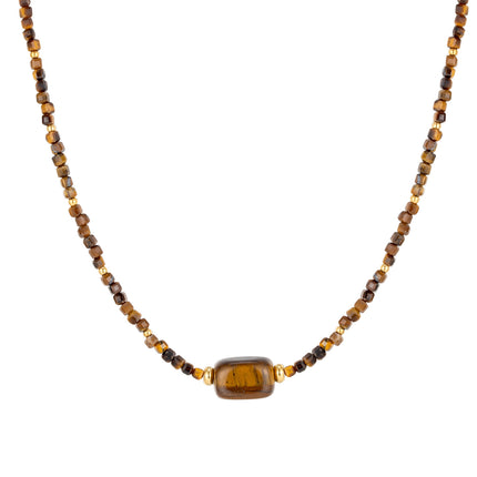Retro Maillard tiger eye stone beaded necklace women do not fade high sense stacked clavicle chain niche pendant wholesale