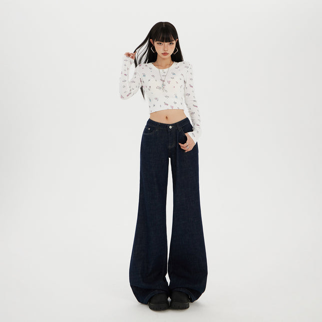 American-Style Dark Blue Non-Stretch Flared Jeans for Women, 2025 Autumn and Winter New Loose High-Waisted Slimming Bootcut Pants