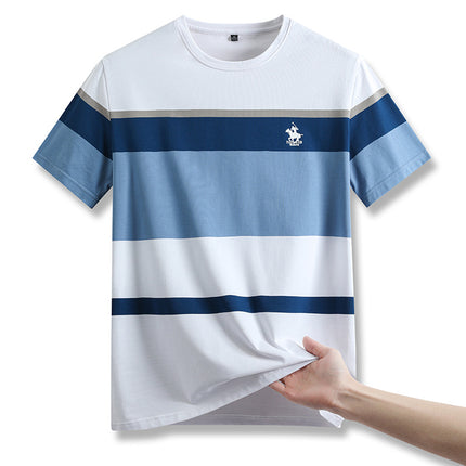 Famous Emperor Mouse Men's Summer New Middle-aged and Young Men's Pure Cotton T-shirt Round Neck Casual Striped Loose Short-sleeved T-shirt