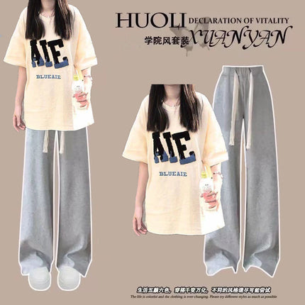 Pure Cotton Short-Sleeved T-Shirt Two-Piece Set for Junior High School Students, Loose Round Neck Top for Girls, Thin, Lazy Style, 2024 New Style