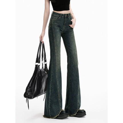 Vintage Flared Jeans for Women 2025 Autumn New High-Waisted Stretchy Slim Fit Frayed Hem Floor-Length Pants