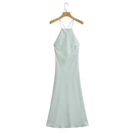 Foreign Trade Cross-Border Women's Clothing 2025 New Summer Style French Sexy Open Back Design Silk Satin Texture Suspender Dress