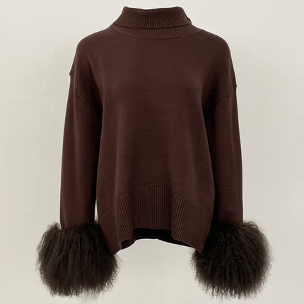Women's Sweater Amazon Aliexpress Hot-Selling Autumn and Winter New Style Real Fox Fur Cuffs Loose High-Neck Knit Sweater for Women