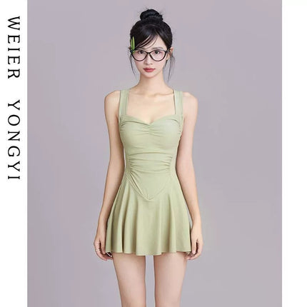 Fairy-Style Swimsuit for Women, High-End One-Piece Skirt Style, Conservative Belly-Covering, Waist-Slimming, Push-Up, Seaside Vacation, Hot Spring Bathing