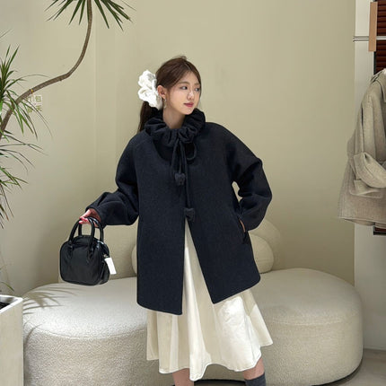 Autumn and Winter New Double-Sided Cashmere Outwear for Women, Small Hooded Drawstring Fur Ball Classy Double-Sided Wool Outwear for Women