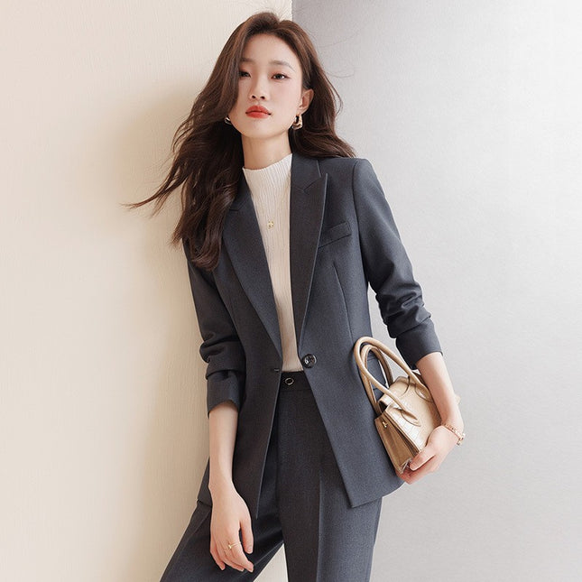 Elegant Goddess Style Professional Suit Set 2025 New Autumn and Winter Formal Workwear Blue-Gray Suit Two-Piece Set
