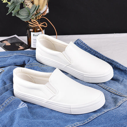 Pure white leather White shoes women's slip-on slip-on couple loafers waterproof stain-resistant flat men's shoes casual shoes