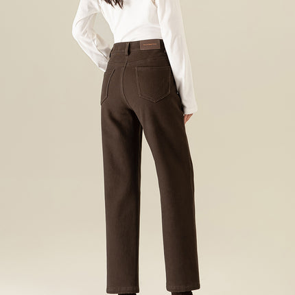 Xinge Maillard Brown Jeans Women's fleece-lined Straight High Waist Slimming Stretch Cropped Pants