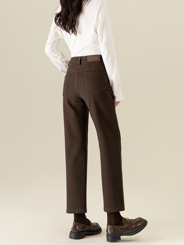 Xinge Maillard Brown Jeans Women's fleece-lined Straight High Waist Slimming Stretch Cropped Pants