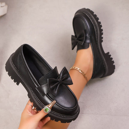Foreign Trade Cross-Border Large Size 35-42 Loafers for Women Niche Bow Thick-Soled Small Leather Shoes for Women Retro Flats for Women