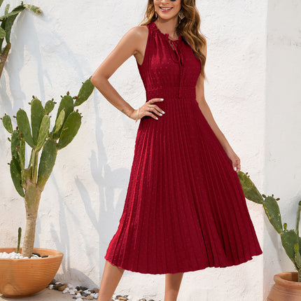 Amazon Cross-Border Lace-Up High-Waist Pleated Fur Ball Dress Sleeveless Summer Dress Casual Vacation Travel Dress
