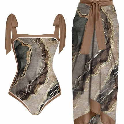 2023 Amazon New One-piece Swimsuit Multicolor Printed Hip Gauze Skirt Anti-glare Two-piece Sunscreen Swimsuit for Women