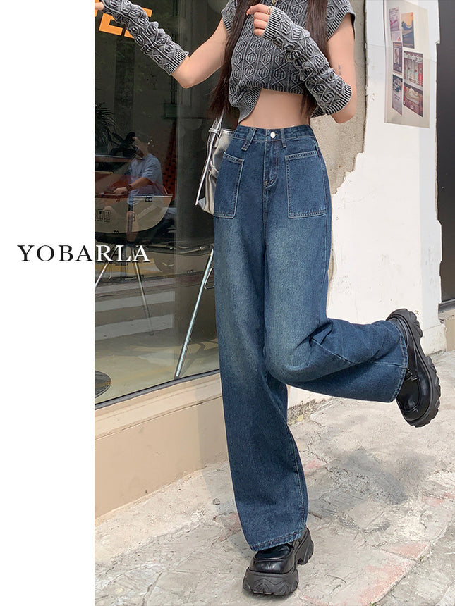Blue-Gray Straight-Leg Loose Jeans 2025 New Women's Spring and Autumn Pear-Shaped Figure Slim Wide-Leg Pants