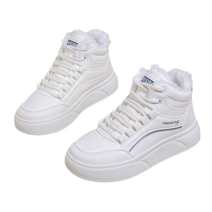 2024 Winter High-top fleece-lined White Shoes New Korean-style ins Female Student Mid-top Flat Sports Casual Board Shoes