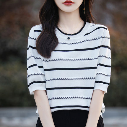 Summer New Stripesd Knitted Short-Sleeved Round Neck Loose Pullover T-Shirt Andy Velvet Women's Top Drop Shipping