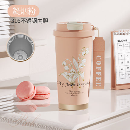 High Yan Value Lily Flower Coffee Thermos Cup Engraving to Send Teachers Accompanial Cup Business Gift with Gift Box Water Cup