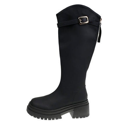 Long Boots for Women in Autumn and Winter, Thick-Soled High Boots for Small People, Maillard Retro Square Heel Back Zipper Slimming Look Knight Boots