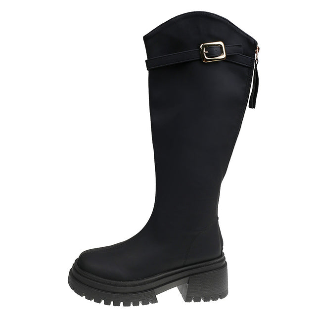 Long Boots for Women in Autumn and Winter, Thick-Soled High Boots for Small People, Maillard Retro Square Heel Back Zipper Slimming Look Knight Boots