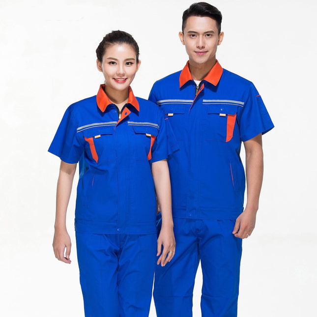 Summer Work Clothes Suit Color Matching Reflective Short-Sleeved Thin Breathable Labor Protection Clothing Landscaping Labor Protection Work Clothes Wholesale