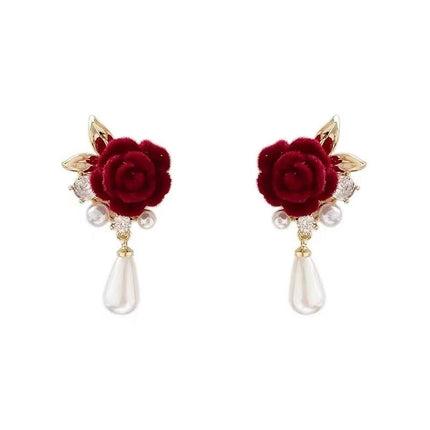 Red vintage earrings autumn and winter light luxury high-grade pearl earrings 2024 new popular New Year velvet earrings for women