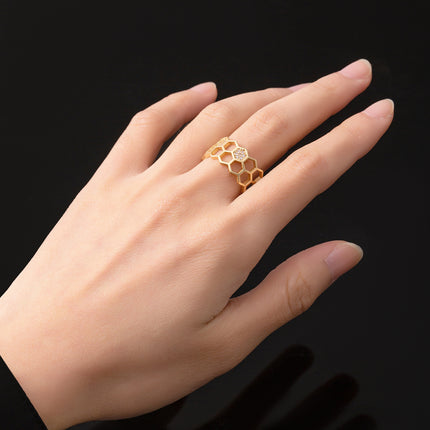 Matte Wide Honeycomb Open Ring European and American Fashion All-match Couple Set Color Zirconium Adjustable Ring Jewelry