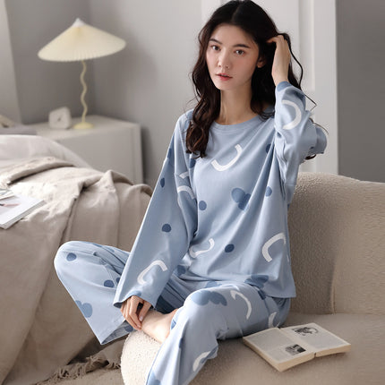 Factory wholesale live fashion spring and autumn cotton pajamas women's cute simple wind long sleeve trousers home clothes suit