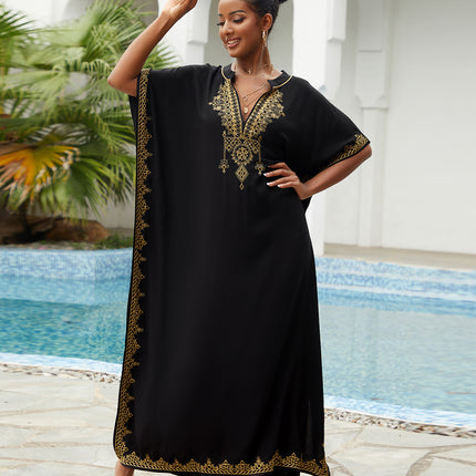 New Style Rayon Loose-Fitting Plus-Size Vacation Beach Cover-Up with Stand Collar, Long Dress for Women, Bikini Cover-Up, Swimsuit Outerwear