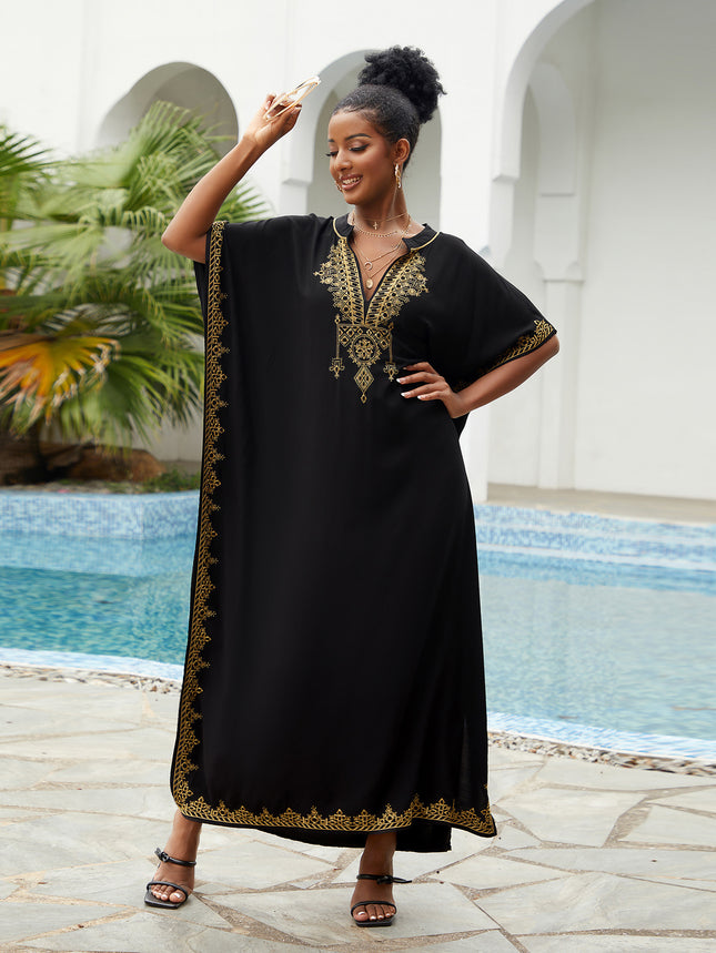 New Style Rayon Loose-Fitting Plus-Size Vacation Beach Cover-Up with Stand Collar, Long Dress for Women, Bikini Cover-Up, Swimsuit Outerwear