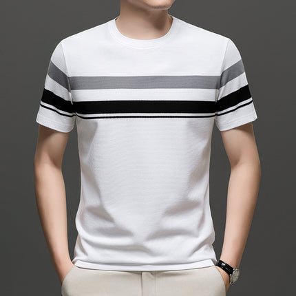 Mingdi Mouse Summer New All-match Loose T-shirt Casual Round Neck Striped Short-sleeved Young and Middle-aged Men's T-shirt Top