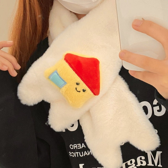 Cartoon Sweet Girl Pink Cat Scarf Winter Warm Thickeneded Cute Plush Windproof Student Scarf White