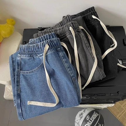 Plus Size Elastic Waist Straight-Leg Jeans for Women Trendy Versatile American Retro Loose Slimming Wide-Leg Pants