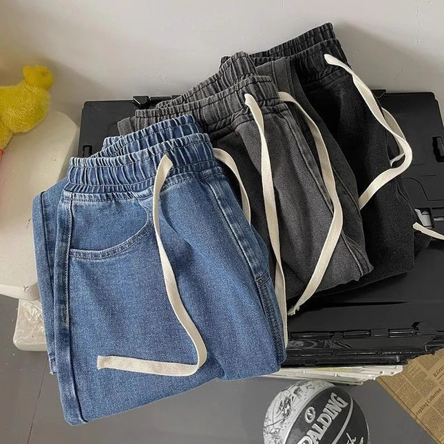 Plus Size Elastic Waist Straight-Leg Jeans for Women Trendy Versatile American Retro Loose Slimming Wide-Leg Pants