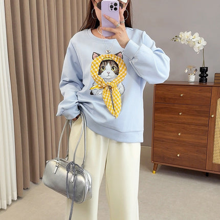 Shuangtian 2025 New Autum Fat Girl Plus Size Women's Sweatshirt Sweet Kitten Turban Round Neck Sweatshirt Women 9052
