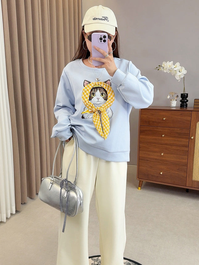 Shuangtian 2025 New Autum Fat Girl Plus Size Women's Sweatshirt Sweet Kitten Turban Round Neck Sweatshirt Women 9052