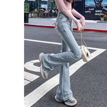 New Chinese Style National Style Slimmer Jeans Women's Trendy All-match High Waist Slim-fit Bow Lace Design Flared Pants