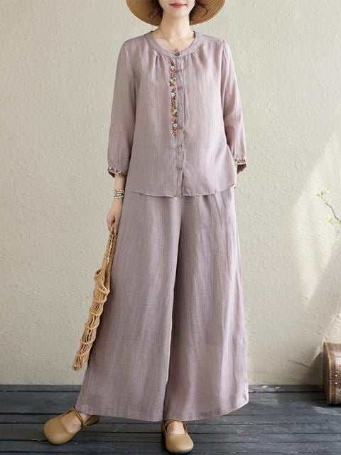 plus size Spring Dress Women's New Chinese Cotton and Linen suit Mother Western Style National Style Embroidered Top Fashion Casual Two-piece Set