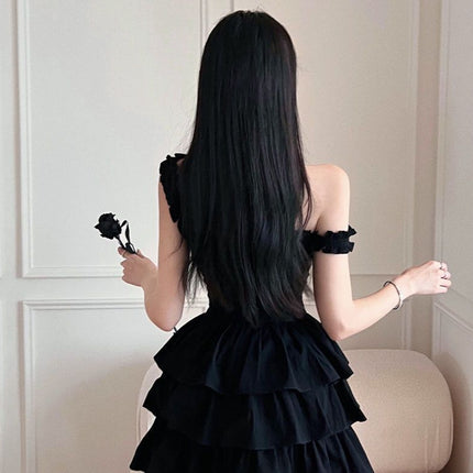 French Sweet and Spicy Black Dress, Chic and Beautiful Summer Dress with Discreet Design, Princess Suspender Puffy Skirt