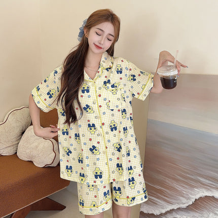 Cute Tamagotchi Pajamas for Women, Summer Short-Sleeve Shorts, Thin Cotton Cartoon Japanese-Style Plaid Loungewear