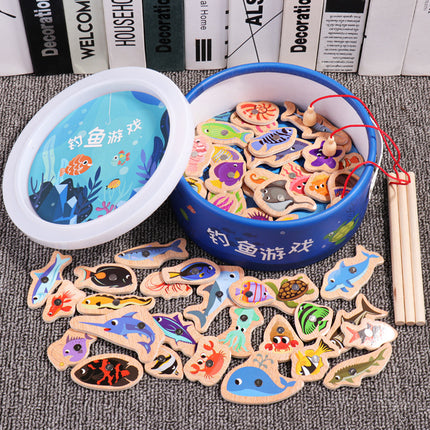Magnetic Wooden Barrel Marine Fishing Toy Children's Early Education Educational Cognitive Fun Boys and Girls Parent-Child Games